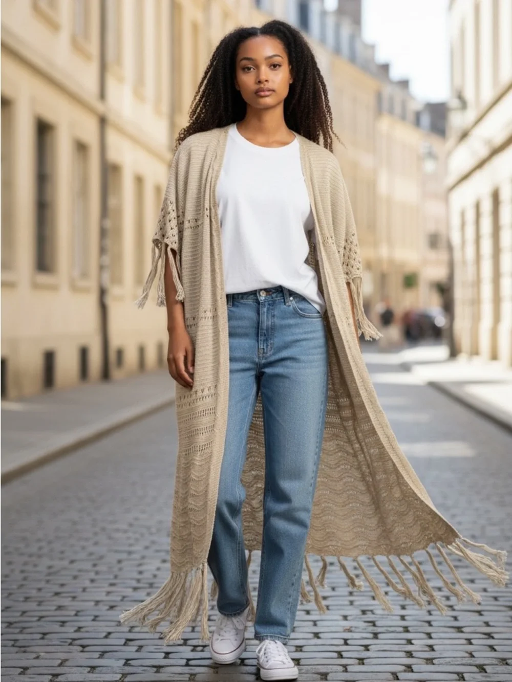 DAVI & DANI NWT Beige Fringe Duster Cardigan - Picture 2 of 10
